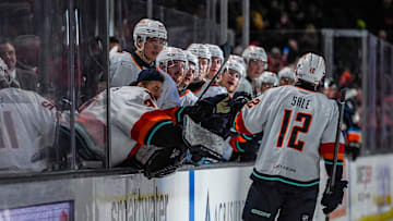 Coachella Valley forward Eduard Sale gets high-fives from the bench after getting the Firebirds on the board during the second period of their game at Acrisure Arena in Palm Desert, Calif., Friday, Nov. 22, 2024.