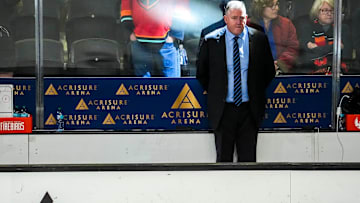Coachella Valley head coach Derek Laxdal waits for his team to return to the ice to start overtime of Game 2 of the Pacific Division semifinals at Acrisure Arena in Palm Desert, Calif., Saturday, May 3, 2025.