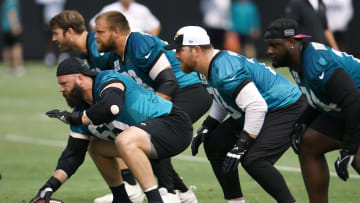 Jacksonville Jaguars center Mitch Morse (65) lines up during the organized team activity session Monday, June 3, 2024 at EverBank Stadium's Miller Electric Center in Jacksonville, Fla.