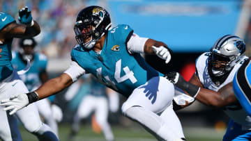 Jacksonville Jaguars linebacker Travon Walker (44) goes in for the sack on Carolina Panthers quarterback Bryce Young (9) in Jacksonville, FL Sunday, December 31, 2023. 