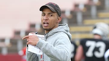 Iowa State Cyclones Offensive Coordinator/Quarterbacks Nate Scheelhaase talks to players during warm-up in the university's Spring Football game at Jack Trice Stadium Saturday, April 22, 2023, in Ames, Iowa