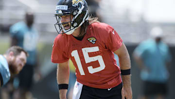 Jaguars (15) QB Gardner Minshew shouts instructions during drills at Thursday's OTA session. The Jacksonville Jaguars held their Thursday session of organized team activity at the practice fields outside TIAA Bank Field, May 27, 2021.