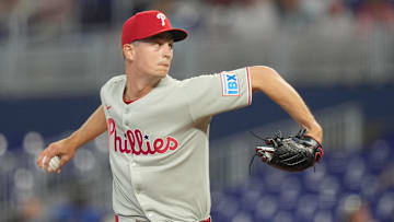 Jun 16, 2025; Miami, Florida, USA;  Philadelphia Phillies pitcher Mick Abel (40) pitches against the Miami Marlins in the first inning at loanDepot Park.