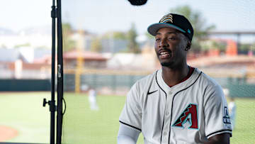 Gino Groover gives an interview during the Arizona Fall League media day at Scottsdale Stadium on Oct. 4, 2024, in Scottsdale, Arizona.
