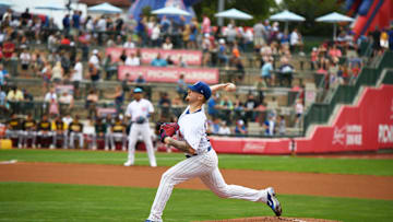 Cade Horton makes a practice pitch before the South Bend Cubs vs. Fort Qayne TinCaps game at Four