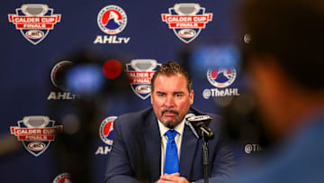 Hershey Bears head coach Todd Nelson talks with media after Game 6 of the Calder Cup Finals at Acrisure Arena in Palm Desert, Calif., Monday, June 19, 2023.