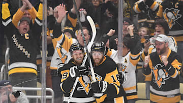 Oct 25, 2025; Pittsburgh, Pennsylvania, USA; Pittsburgh Penguins right wing Anthony Mantha (39) celebrates his goal with right wing Justin Brazeau (16) against the Columbus Blue Jackets during first period action at PPG Paints Arena. Mandatory Credit: Philip G. Pavely-Imagn Images