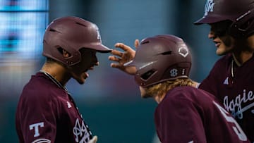 Texas A&M outfielder Braden Montgomery (6) celebrates a home run with his teammates in the first inning of the Longhorns' game against the Texas A&M Aggies at the UFCU Disch-Falk Field in Austin, Tuesday, March 5, 2024.
