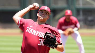 May 25, 2022; Scottsdale, Arizona, USA; Stanford pitcher Ty Uber (36) throws to Arizona State in the first inning during the Pac-12 Baseball Tournament at Scottsdale Stadium.

Ncaa Baseball Stanford At Arizona State