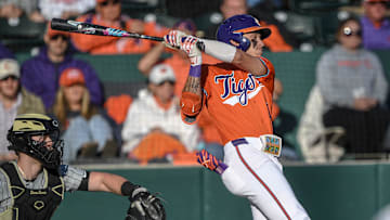Clemson outfieler Cam Cannarella (10) bats against Wake Forest University graduate Matt Bedford (29) during the bottom of the first inning at Doug Kingsmore Stadium in Clemson, S.C. Friday, March 21, 2025.