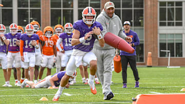 Clemson quarterback Cade Klubnik (2) runs in an obstacle drill during Spring Practice in Clemson, S.C. Monday, March 24, 2025.
