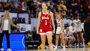 Nebraska Cornhuskers guard Jaz Shelley (1) celebrates after the first half against the Iowa Hawkeyes at Target Center.