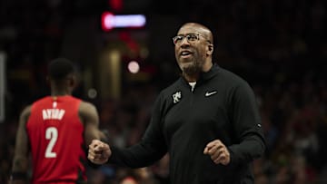 Nov 29, 2024; Portland, Oregon, USA; Sacramento Kings head coach Mike Brown reacts during the first half in a game against the Portland Trail Blazers at Moda Center. Mandatory Credit: Troy Wayrynen-Imagn Images