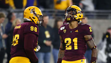 Arizona State Sun Devils defensive back Jack Jones (21) reacts after picking-off an Arizona pass in the second half of the 93rd Duel in the Desert on Nov. 30, 2019 in Tempe, Ariz.

Arizona Wildcats Vs Arizona State Sun Devils