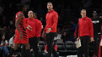 Nov 8, 2025; Miami, Florida, USA: Acting head coach Tiago Splitter, center, of the Portland Trail Blazers calls a timeout in the first quarter against the Miami Heat at Kaseya Center. Mandatory Credit: Jim Rassol-Imagn Images