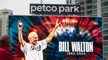 May 28, 2024; San Diego, California, USA; San Diego Padres observe a moment of silence for San Diego Icon Bill Walton who past away on May 27th, 2024 before a game against the Miami Marlins at Petco Park. Mandatory Credit: David Frerker-USA TODAY Sports