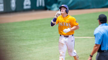 Tigers catcher Brady Neal 16 scores a run as The LSU Tigers take on Texas A & M. Sunday, May 5, 2024.