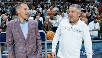 Auburn Tigers head coach Bruce Pearl and Alabama Crimson Tide head coach Nate Oats talk before the game at Auburn Arena in Auburn, Ala., on Tuesday, Feb. 1, 2022. Auburn Tigers lead Alabama Crimson Tide at halftime 51-37.