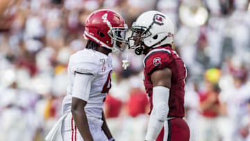 Sep 14, 2019; Columbia, SC, USA; Alabama Crimson Tide wide receiver Jerry Jeudy (4) and South Carolina Gamecocks defensive back Jaycee Horn (1) exchange words at Williams-Brice Stadium. Mandatory Credit: Jeff Blake-Imagn Images