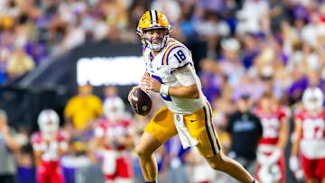 Tigers Quarterback Garrett Nussmeier 18, LSU Tigers take on the Louisiana Tech. Sept 6, 2025; Baton Rouge, Louisiana, USA; at Tiger Stadium.