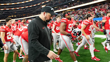Dec 29, 2023; Arlington, Texas, USA; Ohio State Buckeyes head coach Ryan Day walks off the field following their 14-3 loss to the Missouri Tigers in the Goodyear Cotton Bowl Classic at AT&T Stadium.