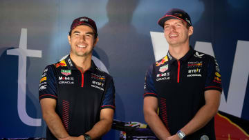Oracle Red Bull Racing drivers Sergio Perez, left, and Max Verstappen speak at the Red Bull Fan Zone, a private event at Oracle headquarters, on Wednesday October 18, 2023. at the Red Bull Fan Zone, a private event at Oracle headquarters, on Wednesday October 18, 2023.