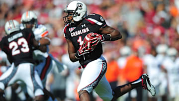 Oct 1, 2011; Columbia, SC, USA; South Carolina Gamecocks wide receiver Alshon Jeffery (1) against the Auburn Tigers at Williams-Brice Stadium. Mandatory Credit: Andrew Weber-Imagn Images