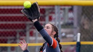 Kaukauna High School's Paige Bodenheimer (19) makes a catch against Kimberly in a softball game on Friday, April 19, 2024 in Kimberly, Wis. Wm. Glasheen USA TODAY NETWORK-Wisconsin