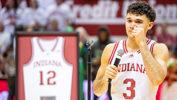Indiana's Anthony Leal (3) speaks to the crowd during Senior Day festivities after the Indiana versus Ohio State men's basketball game at Simon Skjodt Assembly Hall on Saturday, March 8, 2025.