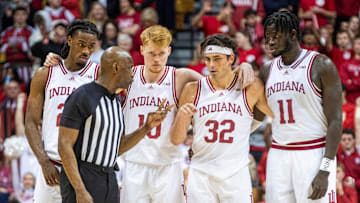 Indiana's Trey Galloway (32) talks with a referee during the Indiana versus Illinois men's basketball game at Simon Skjodt Assembly Hall on Tuesday, Jan. 14, 2025.