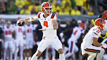 Oct 26, 2024; Eugene, Oregon, USA; Illinois Fighting Illini quarterback Luke Altmyer (9) throws a pass during the first half against the Oregon Ducks at Autzen Stadium. Mandatory Credit: Troy Wayrynen-Imagn Images