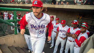 Stockton Ports' Tyler Baum takes the field at the start of the Ports' home opener against the Modesto Nuts at the Stockton Ballpark in downtown Stockton on Tuesday, April 12. 2022.

2022 Portsopener 067a