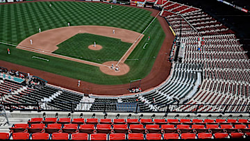 Jul 12, 2020; St. Louis, Missouri, United States; A view of empty seats as the St. Louis Cardinals play a simulated game at Busch Stadium. Mandatory Credit: Jeff Curry-Imagn Images