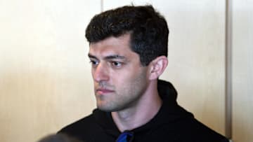 Feb 27, 2020; Fort Myers, Florida, USA; Boston Red Sox general manager Chaim Bloom takes questions from reporters during the game against the Philadelphia Phillies  at JetBlue Park. Mandatory Credit: Jim Rassol-Imagn Images