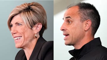 Iowa women's basketball coach Jan Jensen (left) and Hawkeyes men's basketball coach Ben McCollum during their media day press conferences.