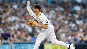 Aug 3, 2024; San Diego, California, USA; San Diego Padres relief pitcher Jason Adam (40) throws a pitch during the seventh inning against the Colorado Rockies at Petco Park. Mandatory Credit: David Frerker-Imagn Images