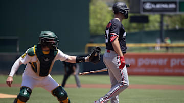 Jun 5, 2025; West Sacramento, California, USA; Athletics catcher Willie MacIver (65) tags out Minnesota Twins right fielder Matt Wallner (38) on a dropped third strike during the first inning at Sutter Health Park. Mandatory Credit: D. Ross Cameron-Imagn Images