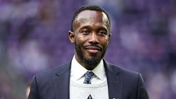 Dec 8, 2024; Minneapolis, Minnesota, USA; Minnesota Vikings general manager Kwesi Adofo-Mensah looks on before the game against the Atlanta Falcons at U.S. Bank Stadium. Mandatory Credit: Matt Krohn-Imagn Images
