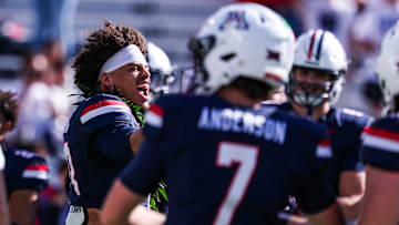 Nov 22, 2025; Tucson, Arizona, USA; Arizona Wildcats defensive back Dalton Johnson (43) runs down the field in excitement as they recognize seniors before the start of the game against the Baylor Bears at Casino Del Sol Stadium. Mandatory Credit: Aryanna Frank-Imagn Images
