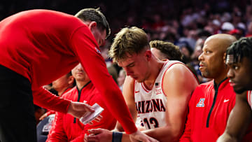 Nov 7, 2025; Tucson, Arizona, USA; Arizona Wildcats head coach Tommy Lloyd talks with center Motiejus Krivas (13) on the bench during the first half of the game against the Utah Tech Trailblazers at McKale Memorial Center. Mandatory Credit: Aryanna Frank-Imagn Images