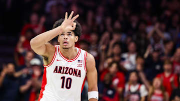 Nov 11, 2025; Tucson, Arizona, USA;  Arizona Wildcats forward Koa Peat (10) scores a three pointer during the first half of the game against the Northern Arizona Lumberjacks at McKale Memorial Center. Mandatory Credit: Aryanna Frank-Imagn Images
