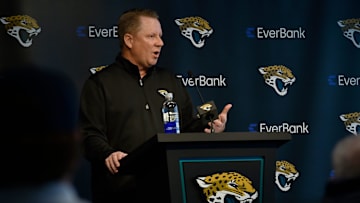 Jacksonville Jaguars assistant general manager Ethan Waugh talks with the media before the start of Friday's rookie minicamp session. The Jacksonville Jaguars held their first day of rookie minicamp inside the covered field at the Jaguars performance facility in Jacksonville, Florida Friday, May 10, 2024.