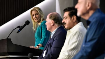 Jacksonville Mayor Donna Deegan at the podium with Jaguars president Mark Lamping, Jacksonville Jaguars owner Shad Khan, and the city of Jacksonville's chief negotiator on the stadium deal Mike Weinstein met at the Jaguars Miller Electric Center Wednesday, June 26, 2024 to address the media and team personnel about the newly approved stadium renovation deal. [Bob Self/Florida Times-Union]