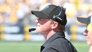 Sep 19, 2021; Pittsburgh, Pennsylvania, USA; Las Vegas Raiders head coach Jon Gruden watches the first quarter against the Pittsburgh Steelers at Heinz Field. Mandatory Credit: Philip G. Pavely-Imagn Images