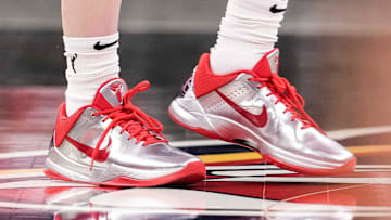 Indiana Fever guard Caitlin Clark wears the Nike Kobe 5 "Rookie of the Year" sneakers.