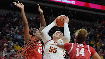 Iowa State Cyclones' center Audi Crooks (55) shoots the ball between Houston Cougars forward Peyton McFarland (42) and guard Laila Blair (14) during the second quarter in the Big-12 women’s basketball at Hilton Coliseum on Wednesday, Feb19, 2025, in Ames, Iowa.