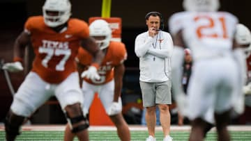 Texas Longhorns Head Coach Steve Sarkisian watches the play in the Longhorns' spring Orange and White game at Darrell K Royal Texas Memorial Stadium in Austin, Texas, April 20, 2024.