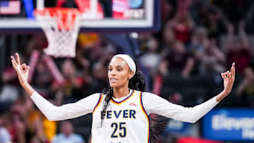 Indiana Fever forward DeWanna Bonner (25) celebrates a 3-pointer Tuesday, June 3, 2025, during a game between the Indiana Fever and the Washington Mystics at Gainbridge Fieldhouse in Indianapolis.