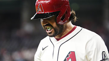 Arizona Diamondbacks Eugenio Suarez reacts after striking out against the Houston Astros in the first inning at Chase Field in Phoenix on July 23, 2025.