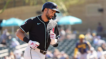 Arizona Diamondbacks Jordan Lawlar rounds the bases after hitting a two-run home run off Milwaukee Brewers pitcher Tyler Alexander in the second inning of a spring training game on Feb. 26, 2025, in Scottsdale at Salt River Fields at Talking Stick.